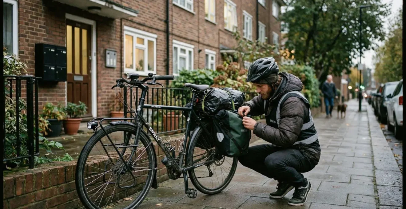 Un cycliste urbain ajuste sa sacoche sur le porte-bagages de son vélo devant un immeuble résidentiel, lumière du matin