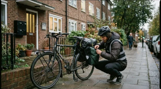 Un cycliste urbain ajuste sa sacoche sur le porte-bagages de son vélo devant un immeuble résidentiel, lumière du matin