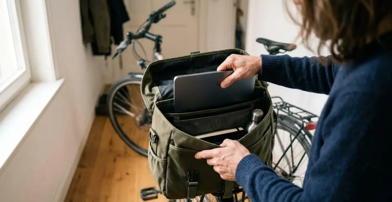 Mains rangeant un ordinateur portable dans une sacoche vélo ouverte, intérieur compartimenté visible