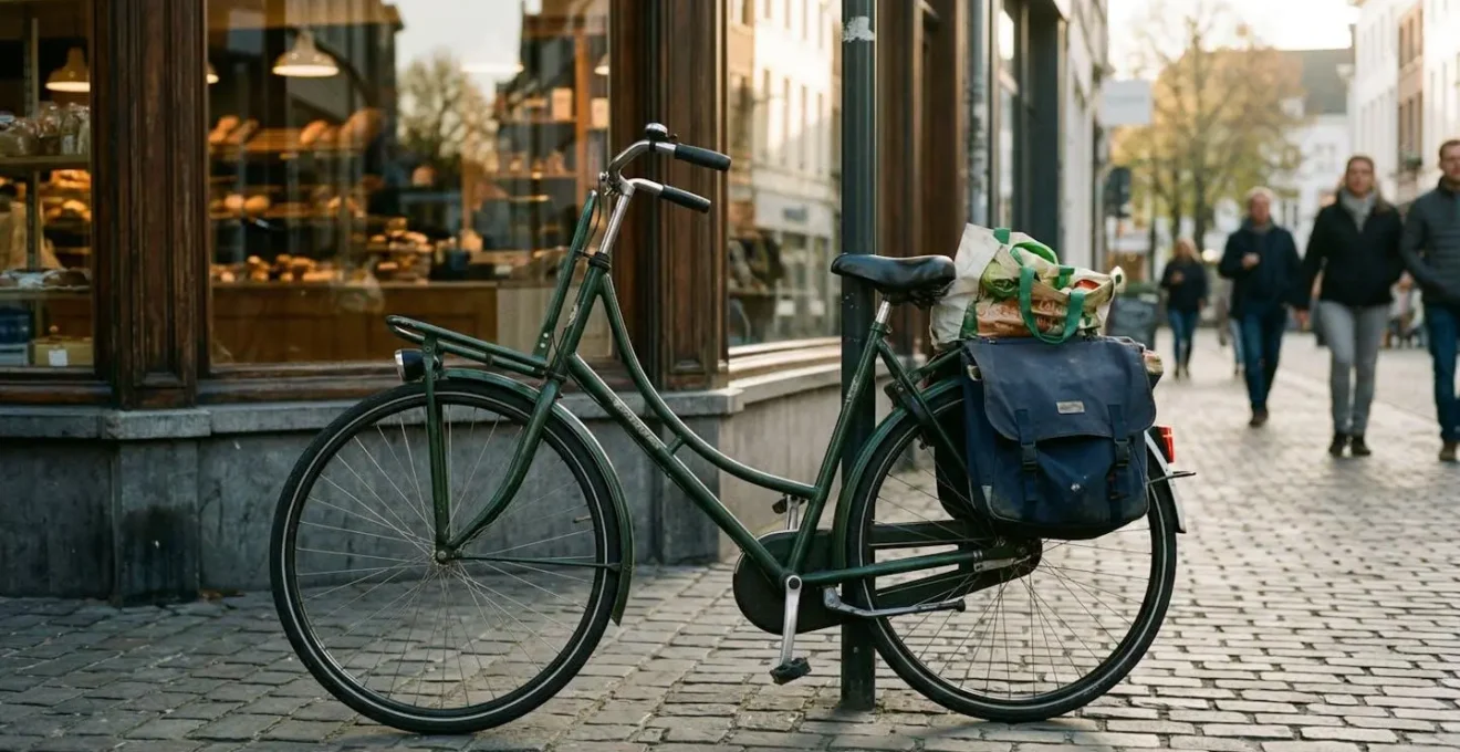 Vélo hollandais équipé de sacoches doubles chargées, garé devant une vitrine de magasin en milieu urbain